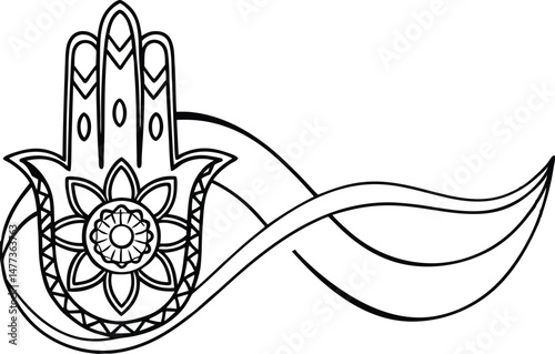 Elegant black and white hamsa hand with flower motif and ornate decorative elements