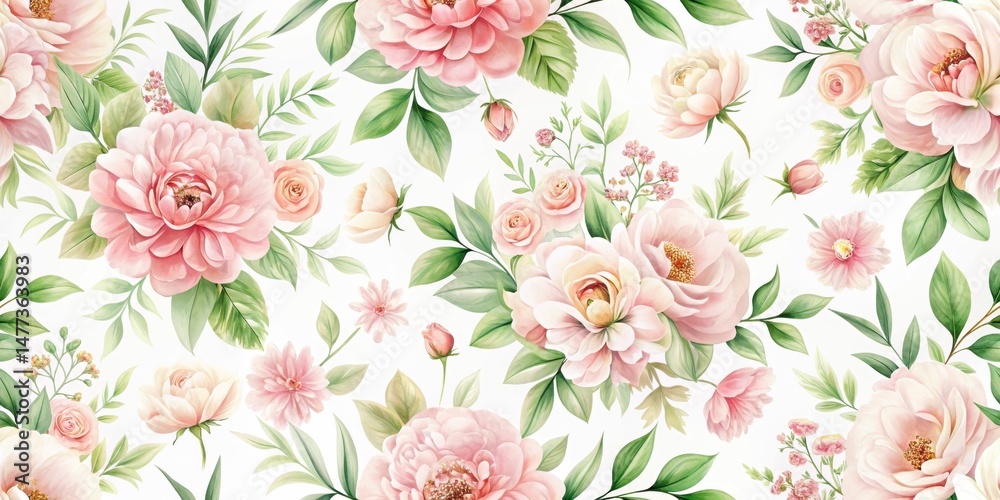 Fototapeta Soft pink floral pattern with delicate petals and greenery on a white background
