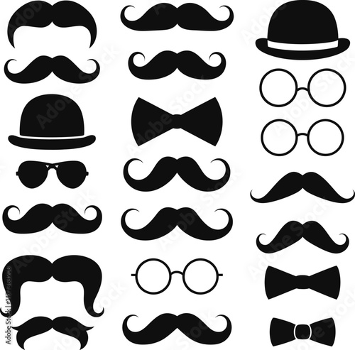 Collection of vintage silhouette icons including various styles of mustaches, bow ties, eyeglasses, hats, and sunglasses