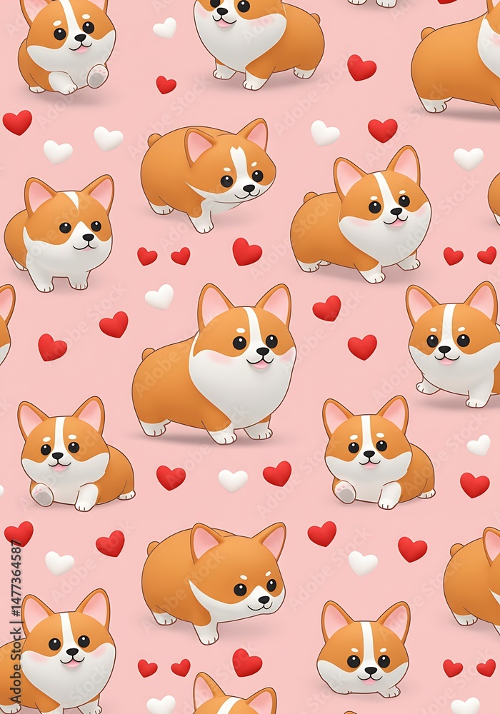 Obraz premium Cute Corgi Puppy Seamless Pattern, Pink Hearts Background