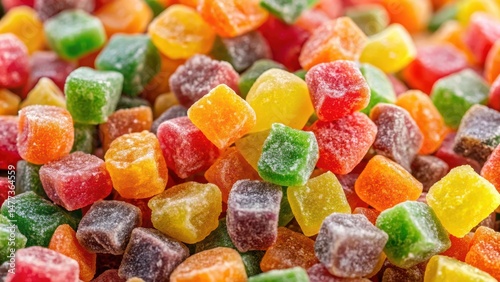 Dehydrated fruit candy with colored skin and crunchy texture