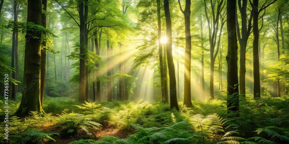 Obraz premium Sunbeams Illuminate a Verdant Forest Floor, Bathing Ancient Trees and Lush Ferns in Golden Light