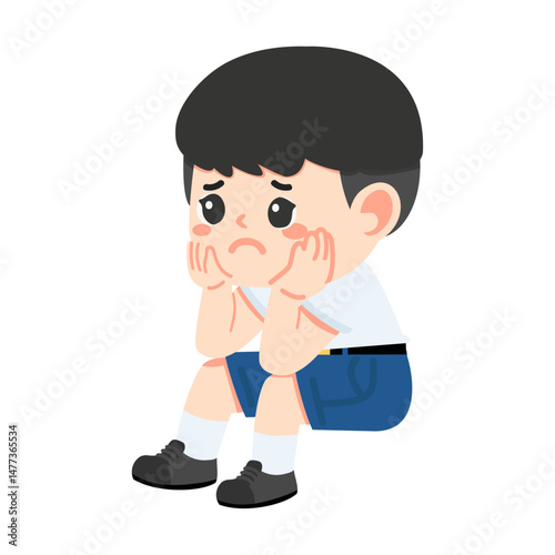 Cartoon of Sad Schoolboy Sitting Down