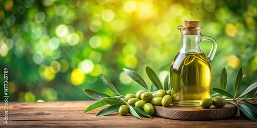 Extra Virgin Olive Oil in Glass Bottle on Green Bokeh Background