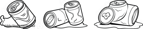 Line Art Illustrations of Various Crushed aluminum cans.
