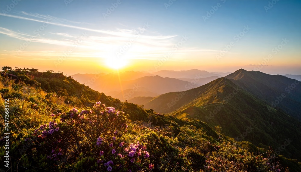 Obraz premium Majestic mountain sunrise over a lush green landscape, with vibrant colors and blooming wildflowers in the foreground, creating a stunning natural panorama.