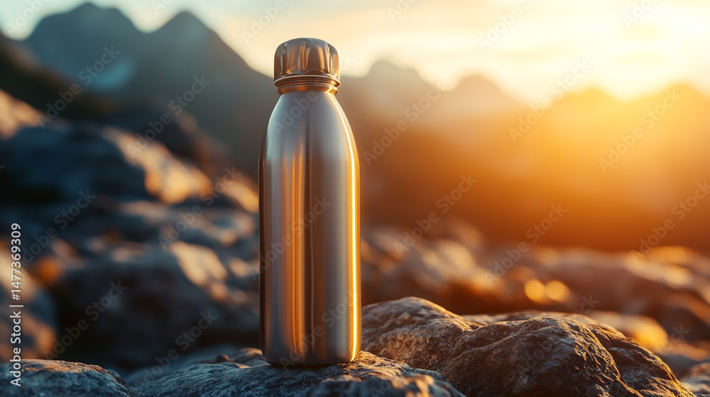 Obraz premium A close-up of an unbranded stainless steel water bottle with a metallic-colored cap, resting on smooth rocks in front of the mountains at sunrise.