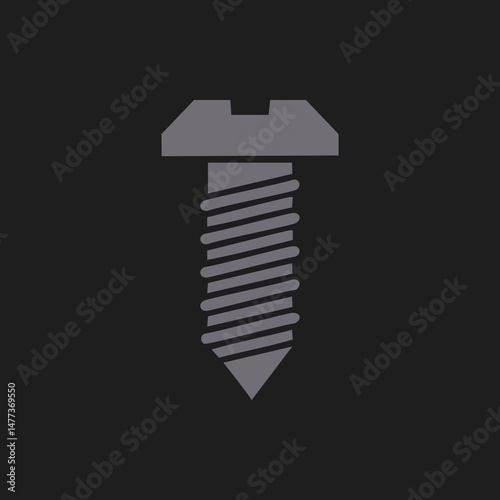 Slotted screw vector icon on dark background, industrial fastener with flat head and pointed tip, used in construction and mechanical applications.