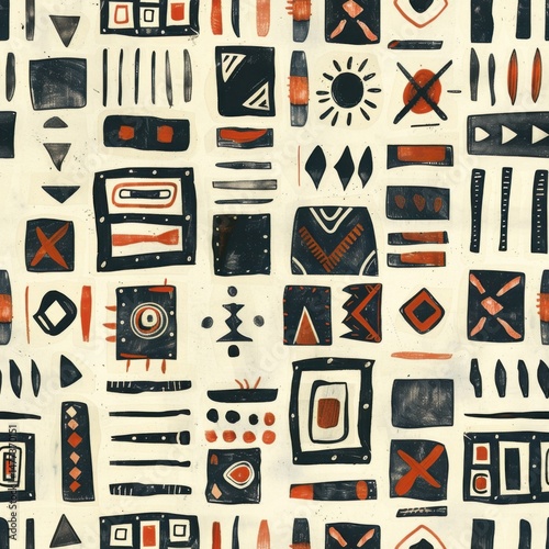 seamless pattern of primitive tribal geometric motifs, hand-drawn lines and shapes, earth color palette