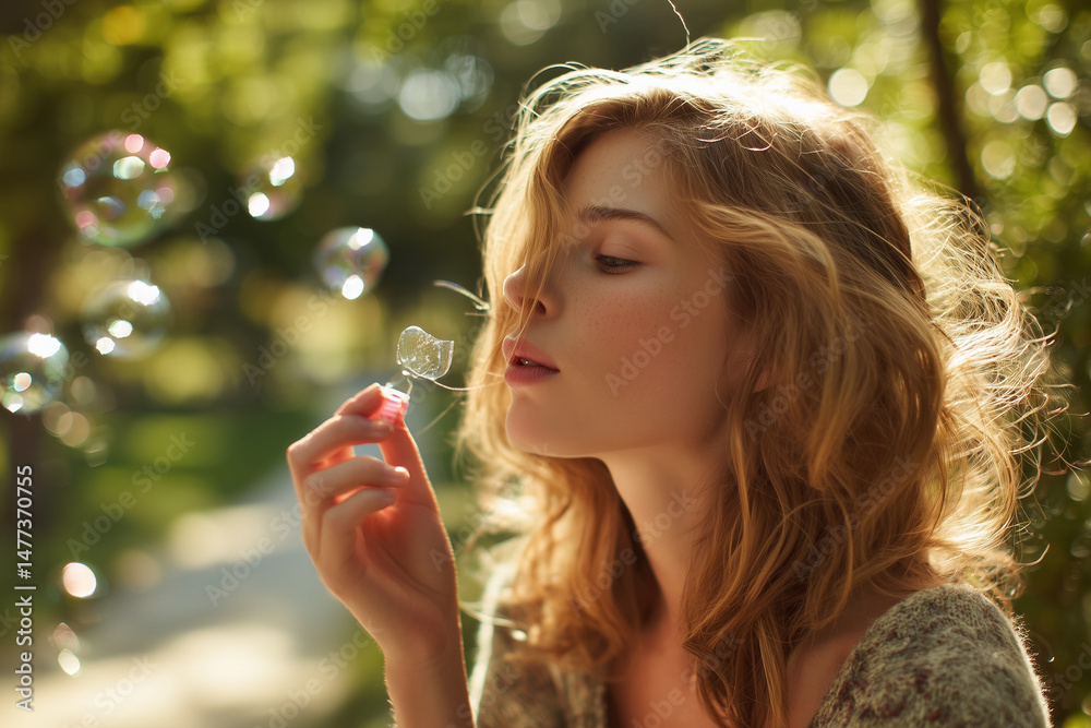 Young woman blowing soap bubbles in a sunlit park, dreamy soft-focus style
Young woman blowing soap bubbles in a sunlit park, dreamy soft-focus style