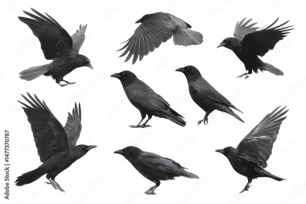 Obraz premium Various collection of black crow flying and sitting isolated on white background