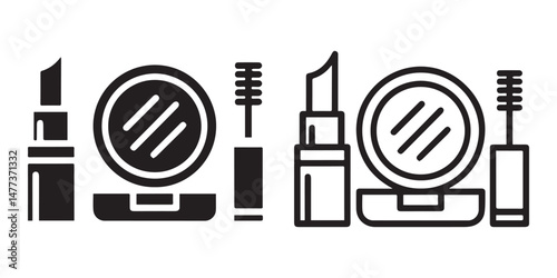 Face Powder And Lipstick Icon Set. Women Beauty Tools Illustration. Women's Makeup.