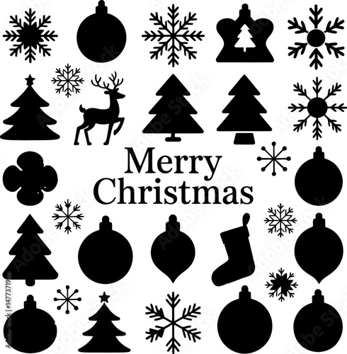 Black and white silhouette vector illustration of Christmas-themed icons with a minimalist flat design. Includes Christmas trees, snowflakes, reindeer, ornaments, bells, stockings, and decorative shap