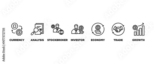 Forex banner web icon vector illustration concept with icon of currency, economy, trade, investor, growth, analysis and stockbroker