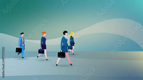 A group of cartoon smart business people walking. Business team characters animated version. Business cartoon animations serie. Seamless loop and transitions.
