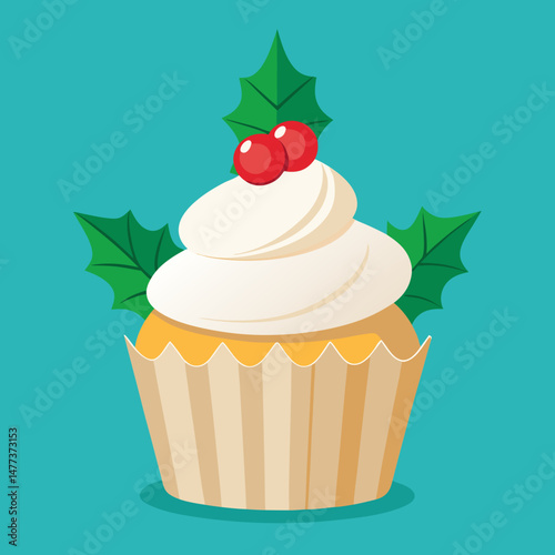 Delicious Christmas Cupcake with Holly Berries and Cream