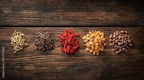 Assorted Dried Fruits and Seeds on Wooden Table photo