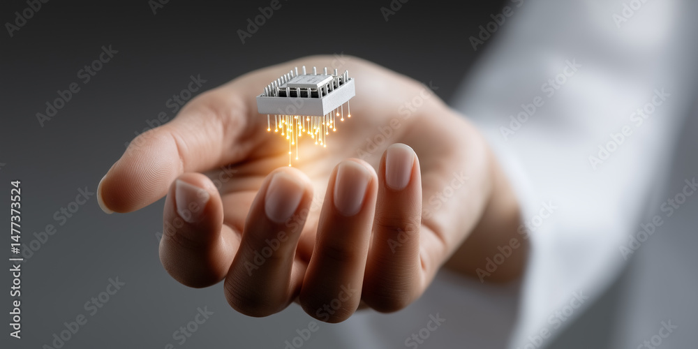 Futuristic Microchip in Hand Futuristic Microchip in Hand