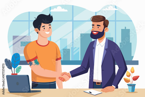 Happy Businessmen Shaking Hands in Modern Office