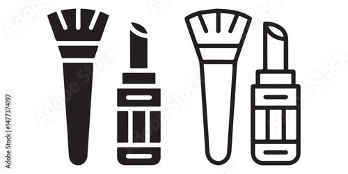 Lipstick And Brush Icon Set. Women Beauty Tools Illustration. Women Face Makeup.