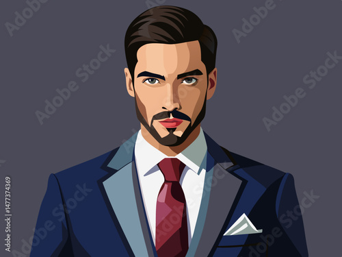 Portrait of a Handsome Man in a Blue Suit and Red Tie
