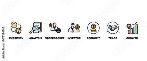Forex banner web icon vector illustration concept with icon of currency, economy, trade, investor, growth, analysis and stockbroker
