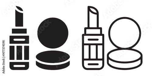 Face Powder And Lipstick Icon Set. Women Beauty Tools Illustration. Women's Makeup.