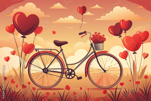 Romantic Bicycle Scene with Heart Balloons and Flowers