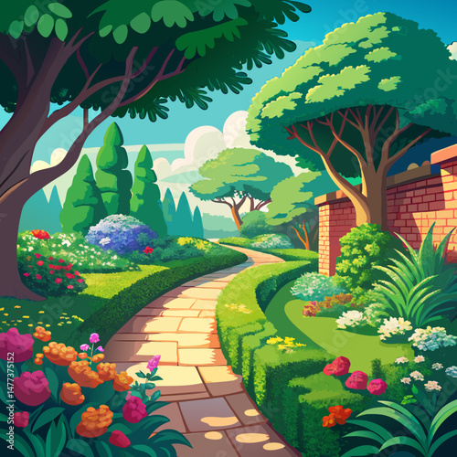 Serene Garden Path Winding Through Lush Greenery and Colorful Flowers