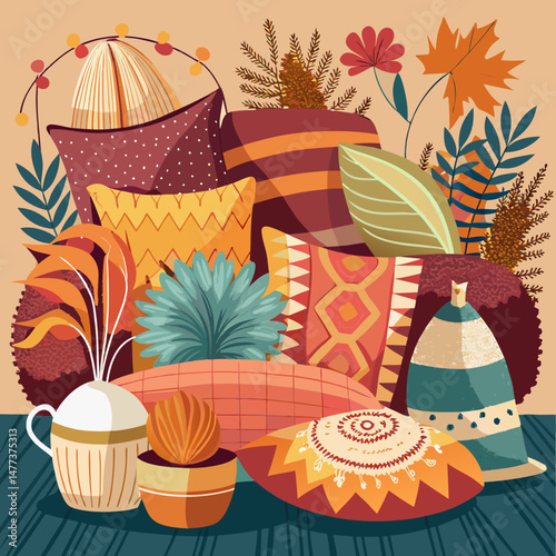 Autumnal Cozy Home Decor with Pillows Plants and Potted Cactus
