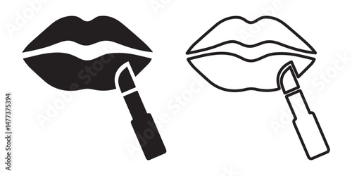 Lipstick Icon Set. Women Beauty Tools Illustration. Women's Face Makeup. Lipstick Applied To Lips.