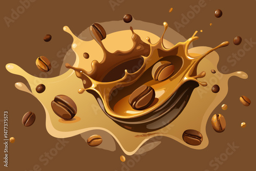 Splashing Coffee Cup with Roasted Beans Illustration