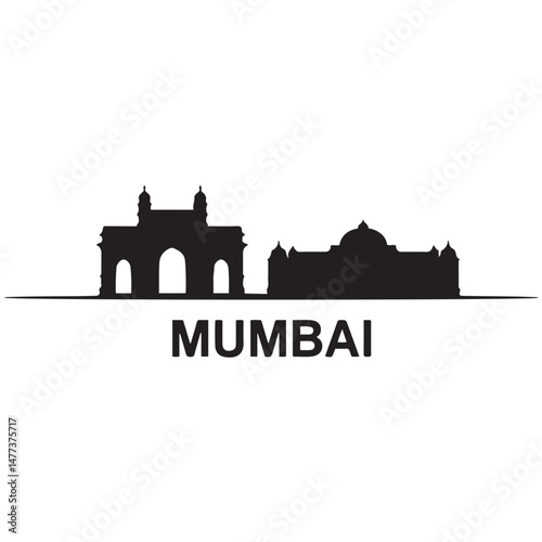 Vector Mumbai skyline. Travel Mumbai famous landmarks. Business and tourism concept for presentation, banner, web site. Vector black silhouette. with white background
