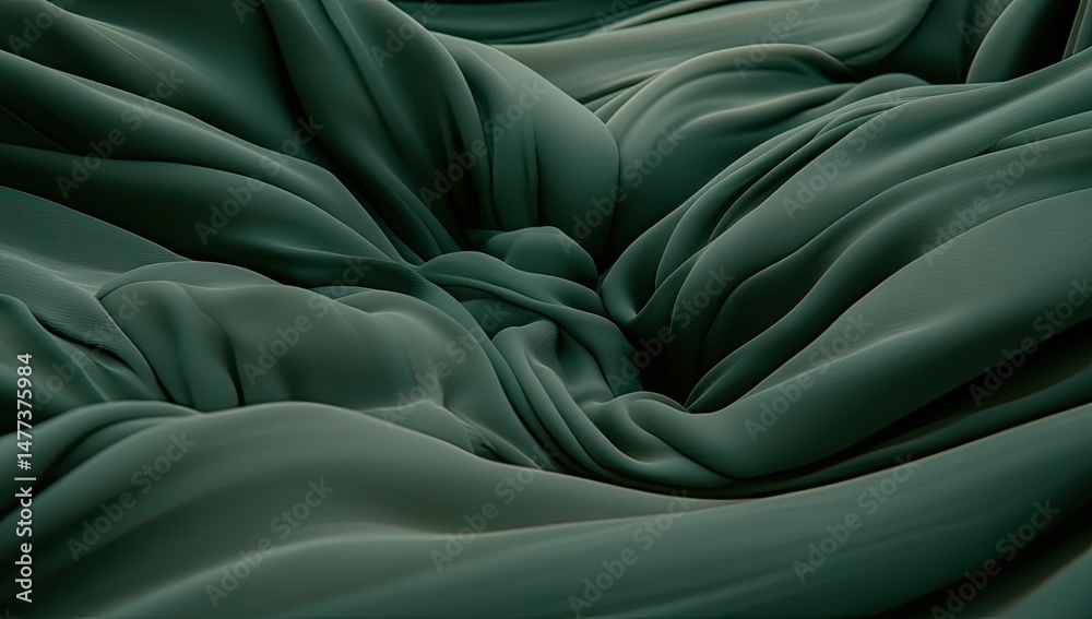 Deep forest green draped fabric folds in a swirling pattern. Detailed close-up view of the soft, flowing texture Deep forest green draped fabric folds in a swirling pattern. Detailed close-up view of the soft, flowing texture