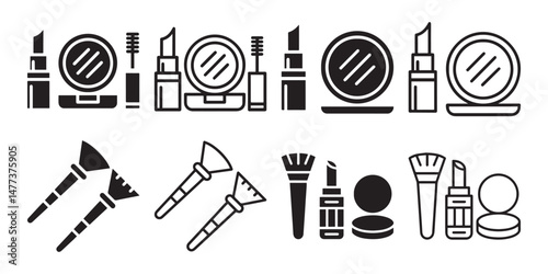 Face Powder, Lipstick And Brush Icon Set. Women Beauty Tools Illustration. Women's Face Makeup.