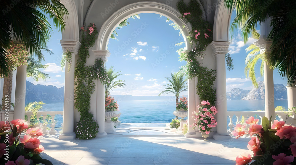 Fototapeta premium nterior Design of a Huge Mansion with the Style of a Monaster, Some Vegetation and Flowers in the Archway near the Sea.