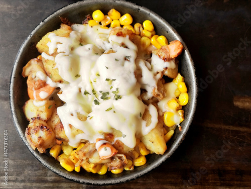 Hot Baked Corn and Potatoes with Cheese on the Stovetop