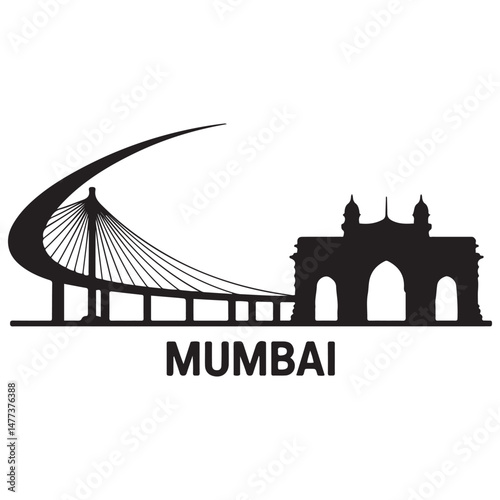 Vector Mumbai skyline. Travel Mumbai famous landmarks. Business and tourism concept for presentation, banner, web site. Vector black silhouette. with white background