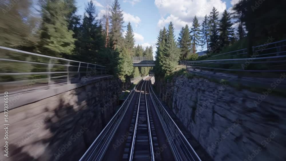  Time lapse clip glides along rails inside tall pine forest, time lapse blur paints green corridor, nature heartbeat syncs to time lapse rhythm. concept scenic escape