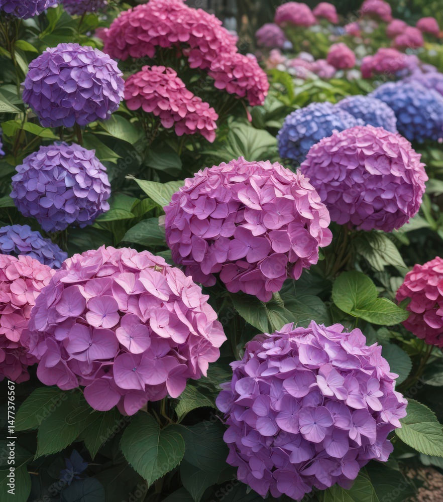 Fototapeta premium Vibrant hydrangeas, colorful blooms, garden decor, outdoor, picture