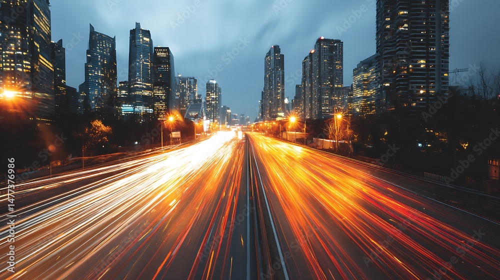 The motion blur of a busy urban highway during the evening rush hour, the city skyline serves as the background, illuminated by a sea of headlights and taillights The motion blur of a busy urban highway during the evening rush hour, the city skyline serves as the background, illuminated by a sea of headlights and taillights