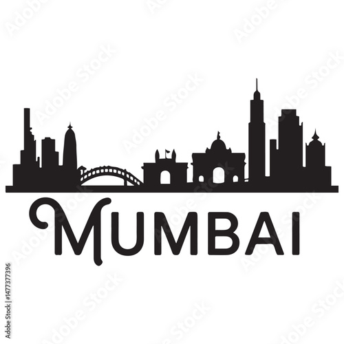 Vector Mumbai skyline. Travel Mumbai famous landmarks. Business and tourism concept for presentation, banner, web site. Vector black silhouette. with white background