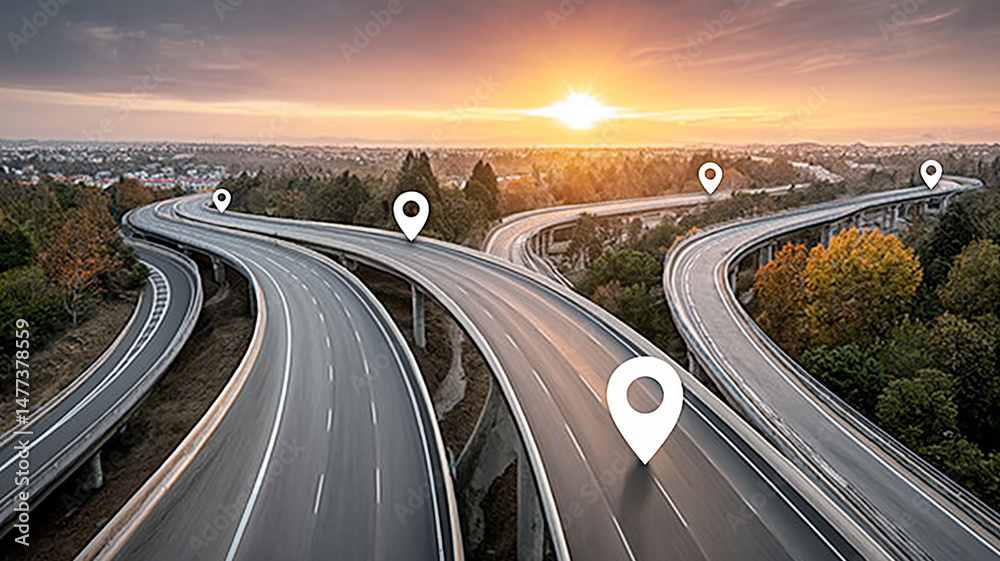 Obraz premium Modern highway network with GPS navigation markers and sunset skyline