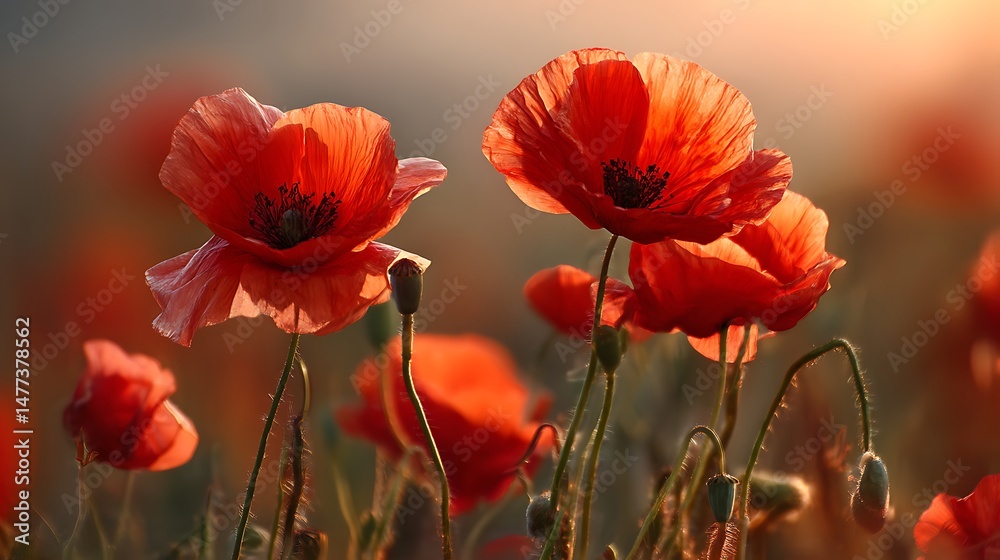 Fototapeta premium The amazing nature of red poppies under sunlight at sunset of a summer day a natural view of a blossoming flower as a background, creative banner, copyspace image