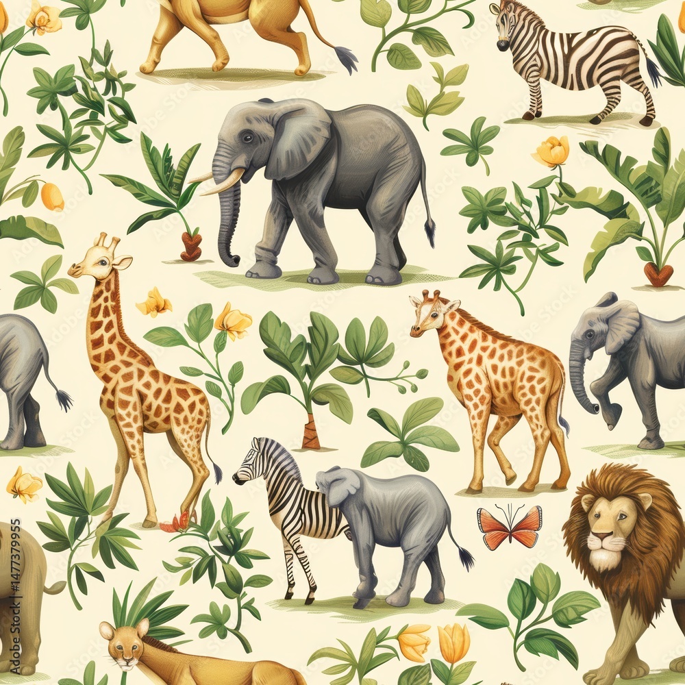 Obraz premium seamless pattern of realistic African animal portraits, lion, giraffe, zebra, elephant, hand-painted style