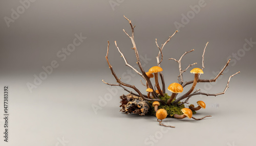Yellow mushrooms growing on branches with moss in a minimal setting  