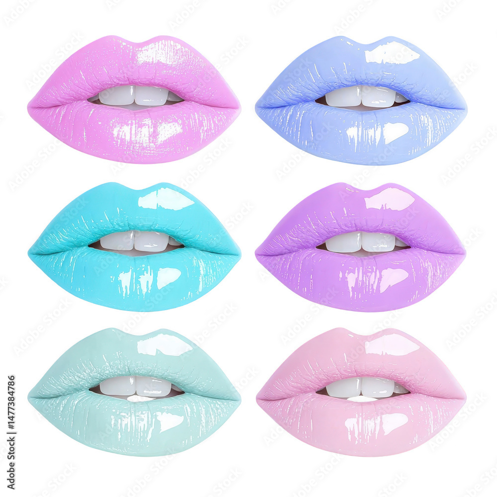 Obraz premium Glossy lips in pastel shades of pink, blue, and purple create vibrant and stylish look. image showcases six sets of lips with shiny finish, highlighting trendy and colorful aesthetic