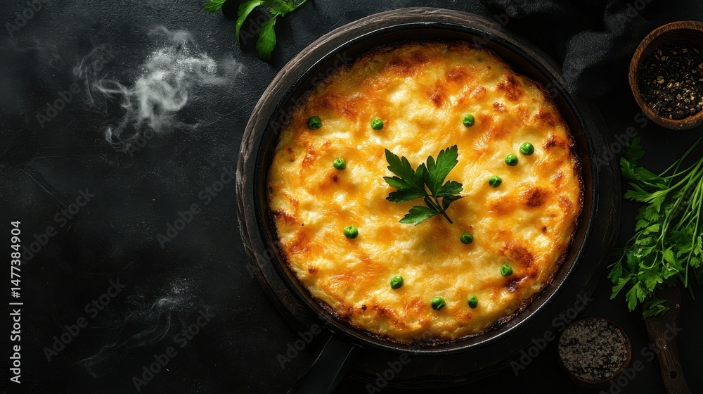 cooked tasty dish on the pan, wiith a fog, black background, top view cooked tasty dish on the pan, wiith a fog, black background, top view