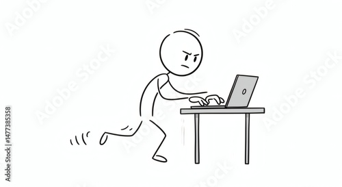 Stick Figure Working Angrily at Laptop with Foot Tapping