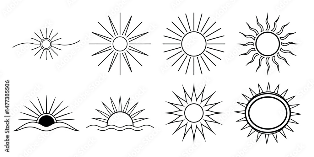 Obraz premium Vintage sun silhouettes Icon collection On White Background